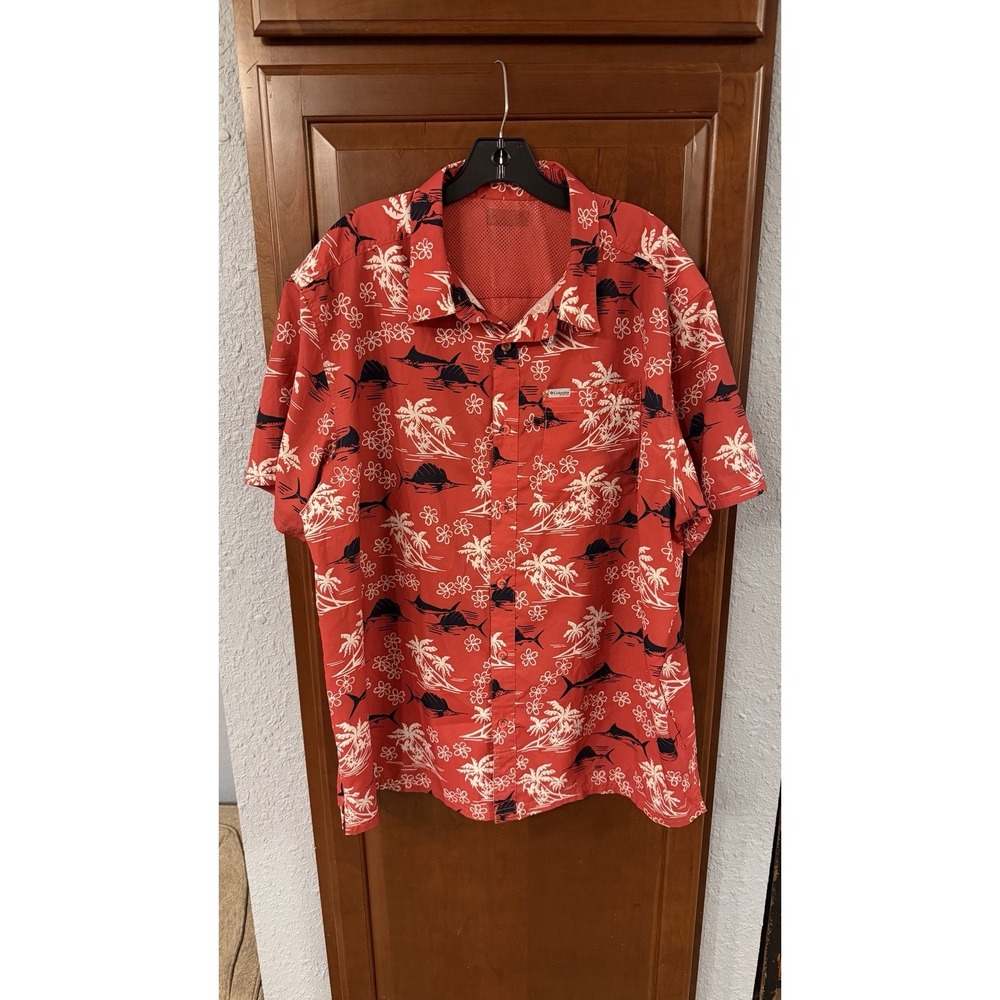 Columbia PFG Fishing Shirt All Over Fish Palm Tree Print Vented Button Up Red XL